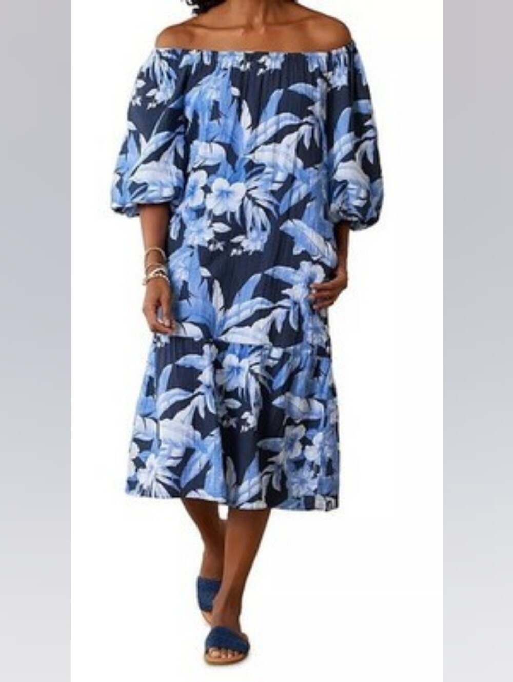 Tommy Bahama Island Gauze Daybreak Hibiscus Blue Midi Dress with Puff Sleeves